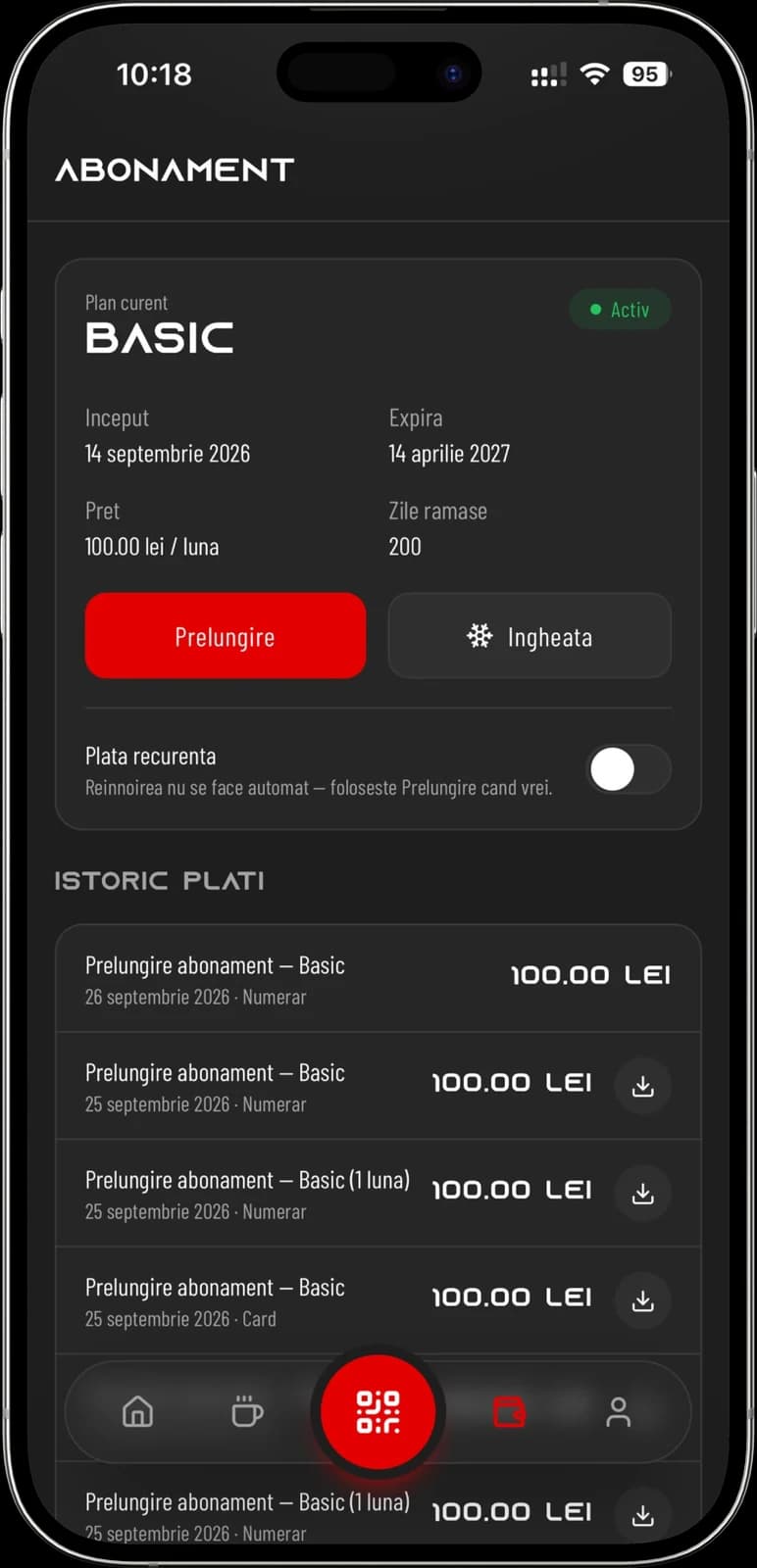 Ecranul Abonament cu planul curent si istoricul platilor, pe un iPhone vazut din fata