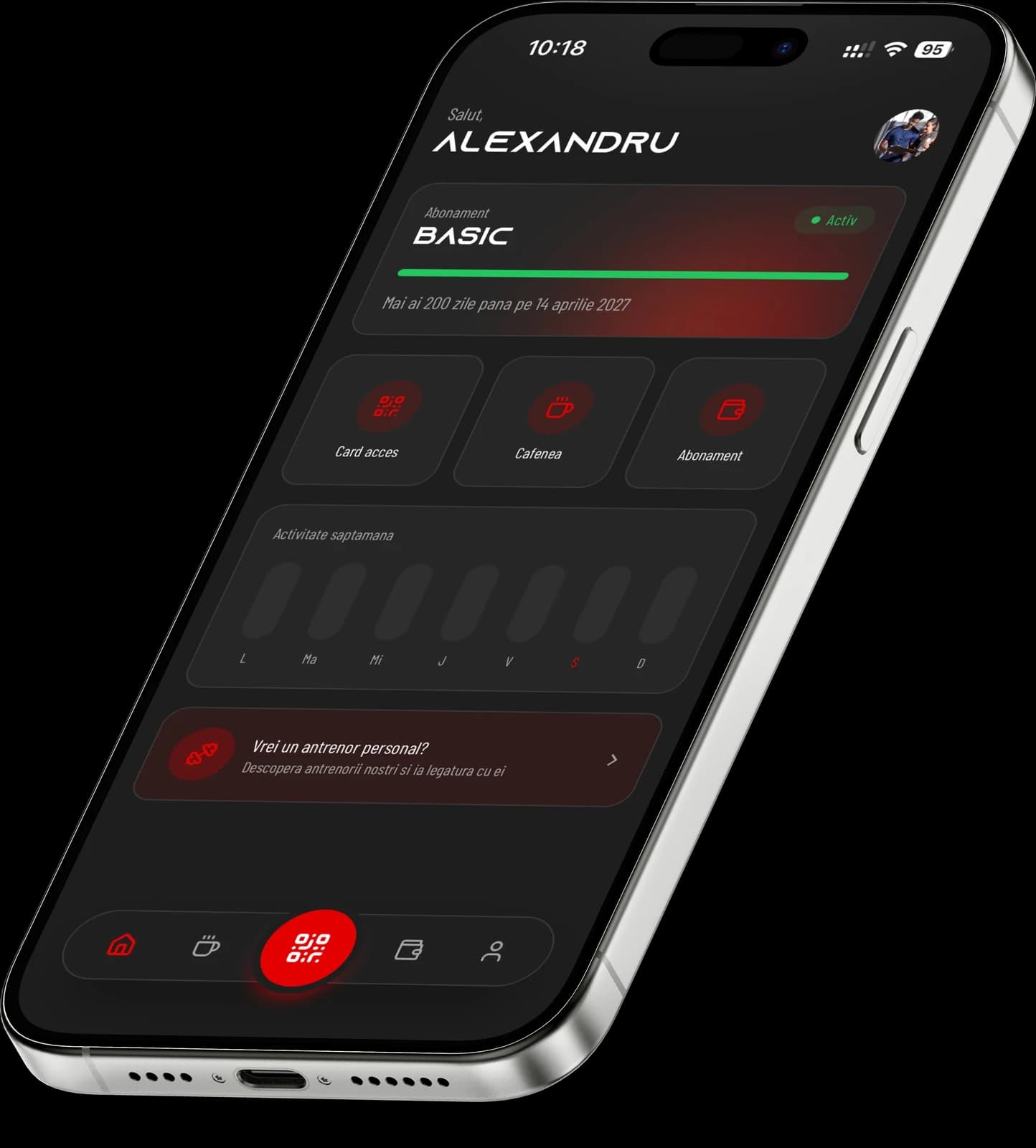 Ecranul principal al aplicatiei Titan Academy pe un iPhone inclinat