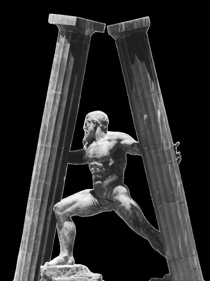 Statuia lui Hercule sprijinind coloane — simbolul efortului din sala