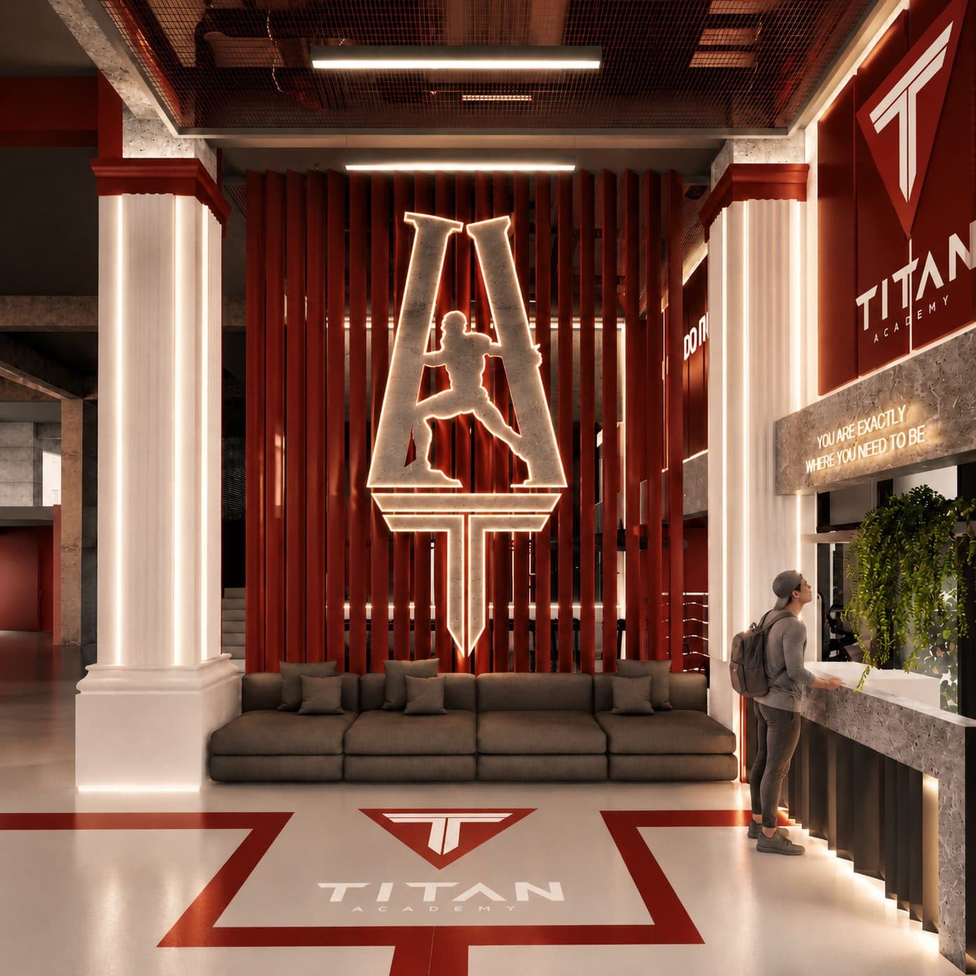 Receptia Titan Academy cu lounge si coloane