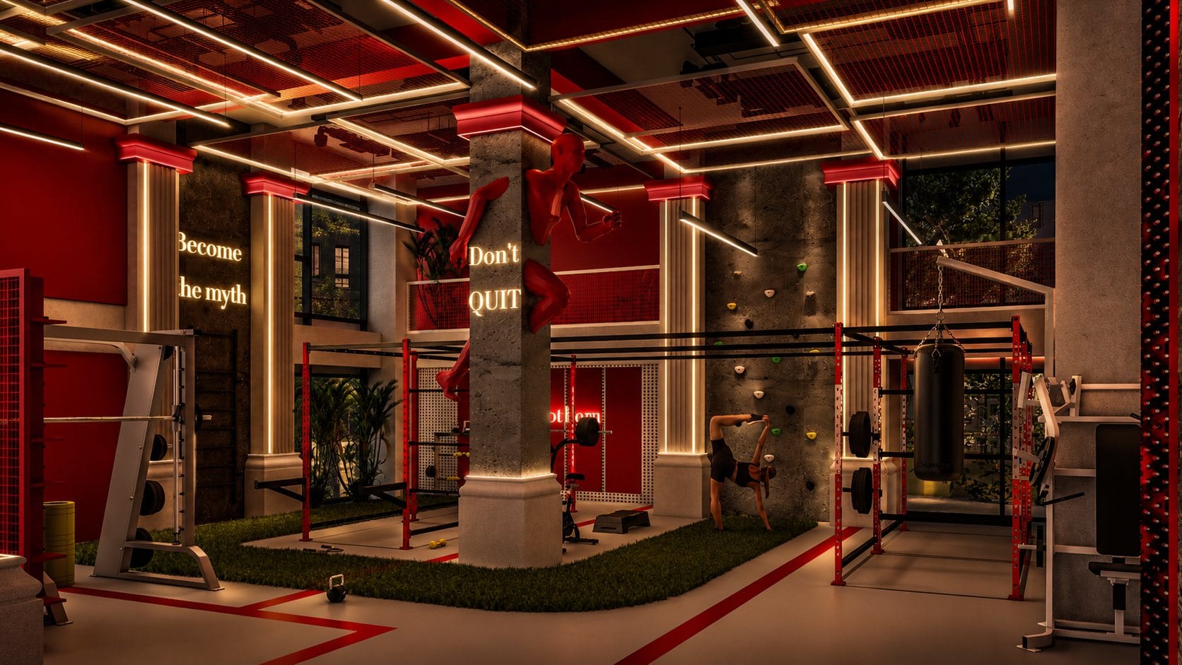 Zona functionala Titan Academy — coloane iluminate si structuri de antrenament